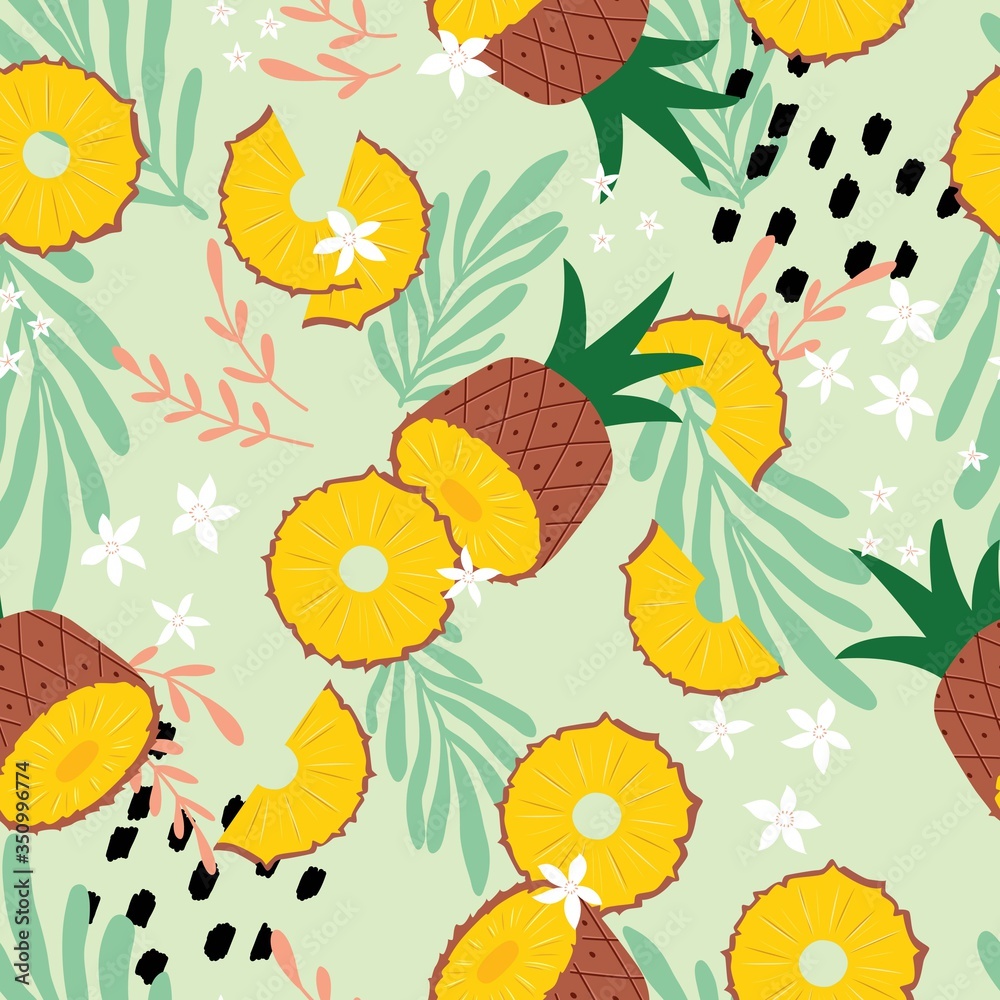Obraz premium Fruit seamless pattern, pineapple with tropical leaves, flowers and abstract elements on light green background. Summer vibrant design. Exotic tropical fruit. Colorful vector illustration