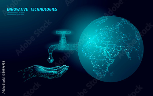 Save water low poly concept. Polygonal triangle ecology planet ocean sea safety banner. Water tap drop leak fix nature global environment care world day vector illustration