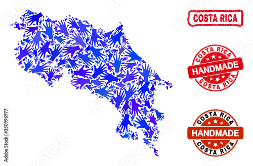 Vector handmade combination of Costa Rica map and dirty seals. Mosaic Costa Rica map is made of scattered blue hands. Rounded and awry red seals with unclean rubber texture.
