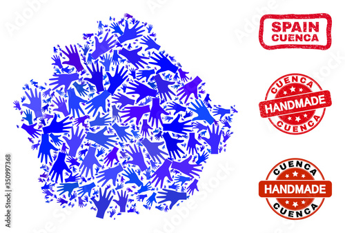 Vector handmade composition of Cuenca Province map and scratched seals. Mosaic Cuenca Province map is formed of random blue hands. Rounded and awry red seals with grunge rubber texture.