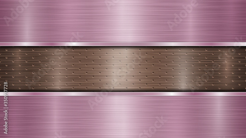 Background of bronze perforated metallic surface with holes and two horizontal purple polished plates with a metal texture, glares and shiny edges