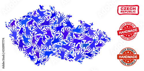 Vector handmade combination of Czech Republic map and unclean stamp seals. Mosaic Czech Republic map is created with random blue hands. Rounded and awry red seals with scratched rubber texture.