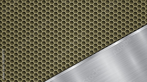 Background of golden perforated metallic surface with holes and angled silver polished plate with a metal texture, glares and shiny edges