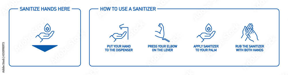 Infographic illustration of How to use hand sanitizer properly. instructions using wall dispenser antiseptic for hand disinfection: press your elbow on button lever, apply sanitizer on palm, rub hands Infographic illustration of How to use hand sanitizer properly. instructions using wall dispenser antiseptic for hand disinfection: press your elbow on button lever, apply sanitizer on palm, rub hands