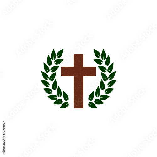 Laurel leaf surrounds the Christian cross icon isolated on white background