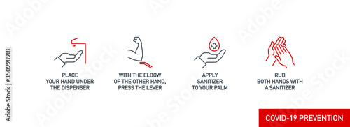 Infographic illustration of How to use hand sanitizer properly. instructions using wall dispenser antiseptic for hand disinfection: press your elbow on button lever, apply sanitizer on palm, rub hands
