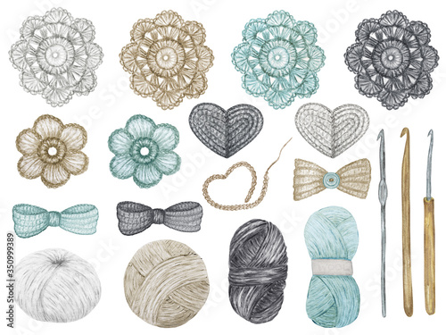 Crochet Shop concept of hooks, Ball of yarn, crocheted heart, bow, hook, flowers. Watercolor Hand drawn hobby Knitting and Crocheting on white background. Elements set scandinavian style clipart photo