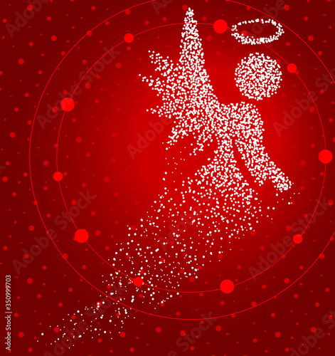 Holy angel formed by a magical trail of flying points on red background