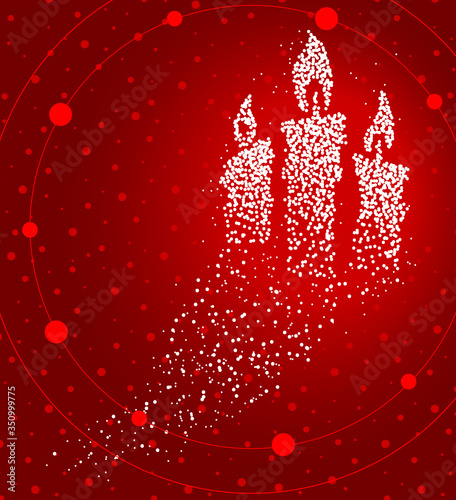 Lighting candles formed by a magical trail of flying points on red background