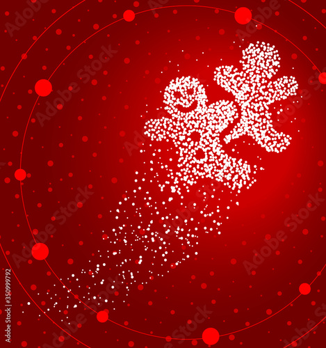 Ginger man formed by a magical trail of flying points on red background