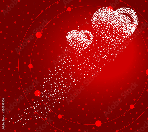 Two hearts formed by a magical trail of flying points on red background