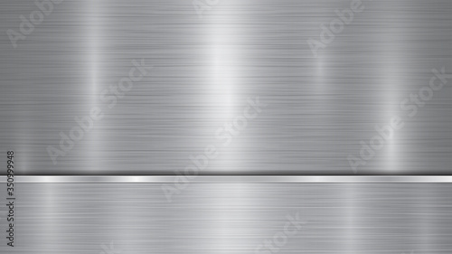 Background in silver and gray colors, consisting of a shiny metallic surface and one horizontal polished plate located below, with a metal texture, glares and burnished edges