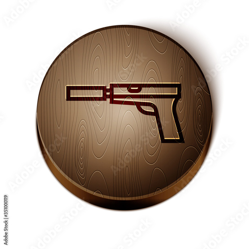 Brown line Pistol or gun with silencer icon isolated on white background. Wooden circle button. Vector