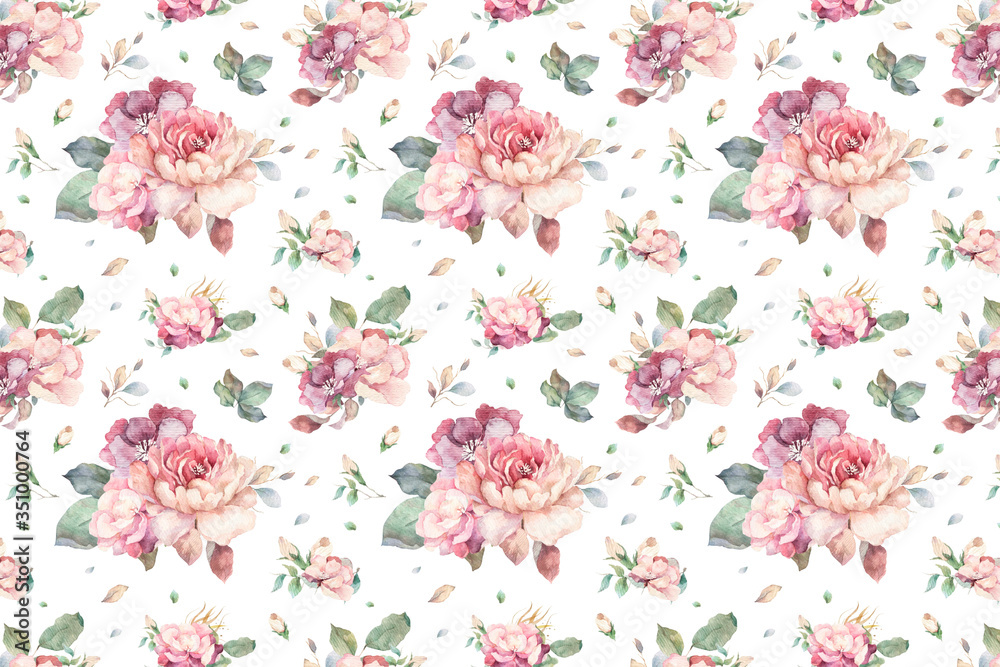 Fototapeta premium Hand drawn watercolor background with red, white and blue roses, peony and lilac flowers and green leaves. Isolated on white background for wedding invite design