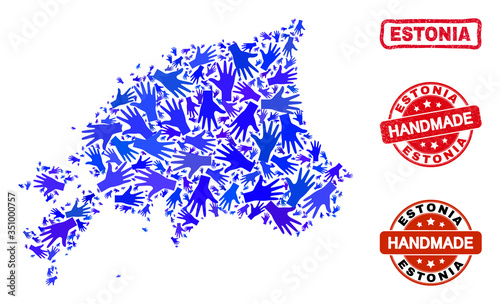Vector handmade collage of Estonia map and rubber watermarks. Mosaic Estonia map is made of scattered blue hands. Rounded and awry red seals with grunge rubber texture.