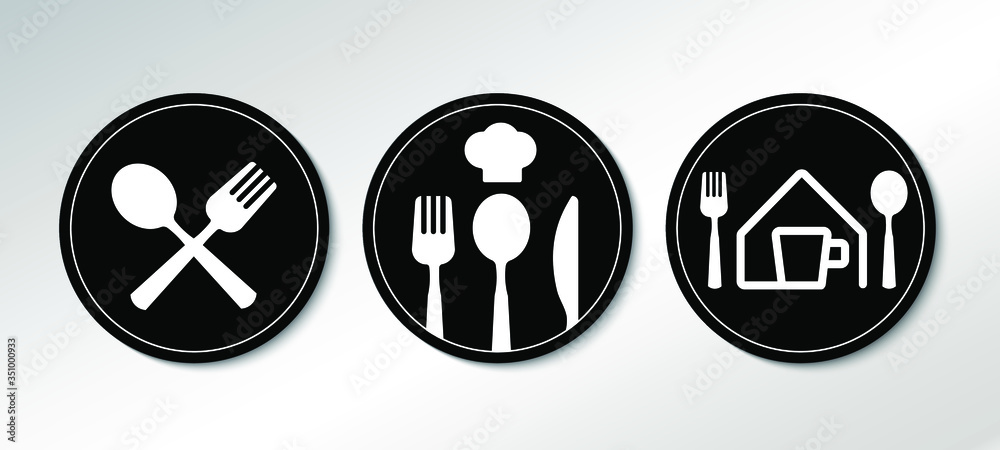 Restaurant Icon set, Fork, Knife and Spoon Cafe icon, Rounded black sign mockup, Vector EPS10. Restaurant Icon set, Fork, Knife and Spoon Cafe icon, Rounded black sign mockup, Vector EPS10.