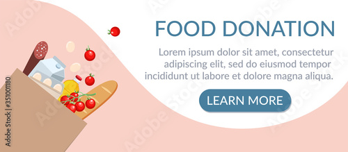 Donation and volunteers work concept illustration. Craft bag with products. Can use for web banner, infographics, mobile app, landing page. Vector illustration.