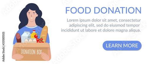 Donation and volunteers work concept vector illustration. Young woman carries a box of food. Can use for web banner, infographics, mobile app, landing page.