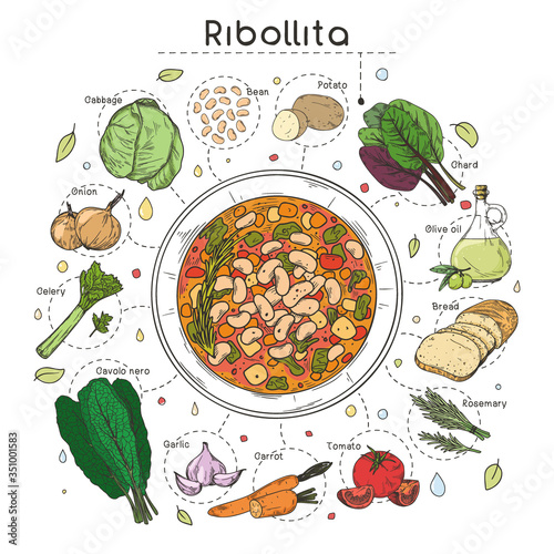 Italian cuisine soup recipe. Ribollita. Plate with soup and different ingredients isolated on a white background. Vector