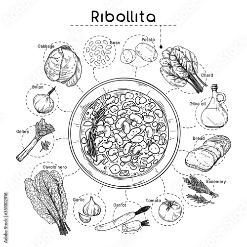 Italian cuisine soup recipe. Ribollita. Plate with soup and different ingredients isolated on a white background. Vector