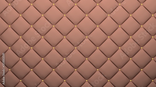 Leather upholstery pattern texture with golden buttons for pattern and background. Brown color. 3D-rendering.