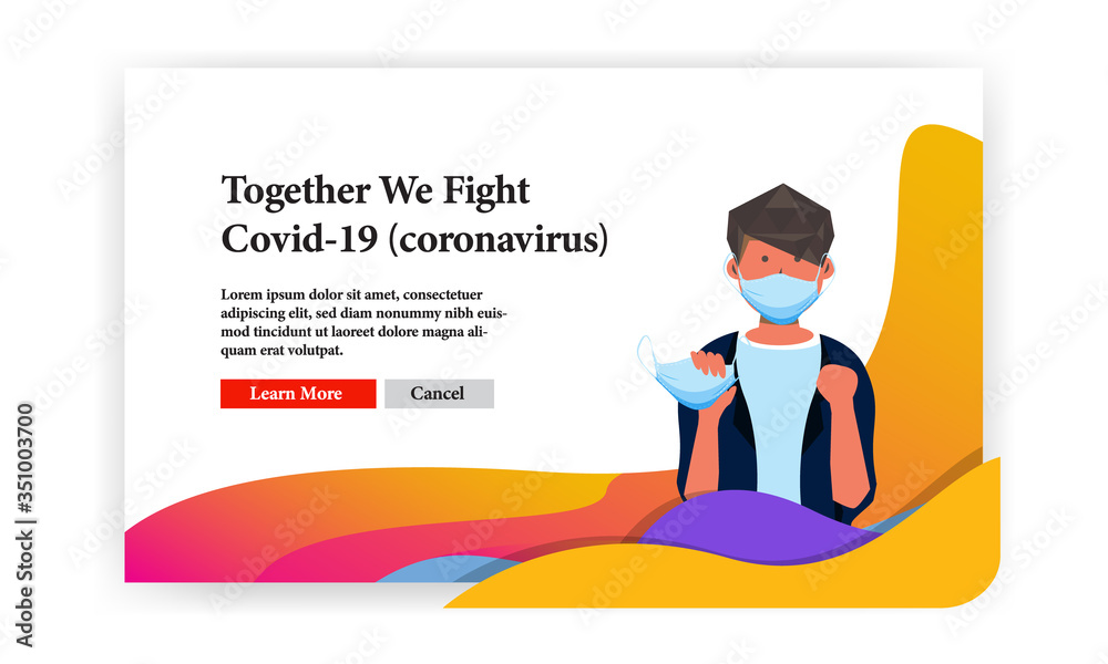 together we fight covid 19 banner template with male character illustration take surgery mask