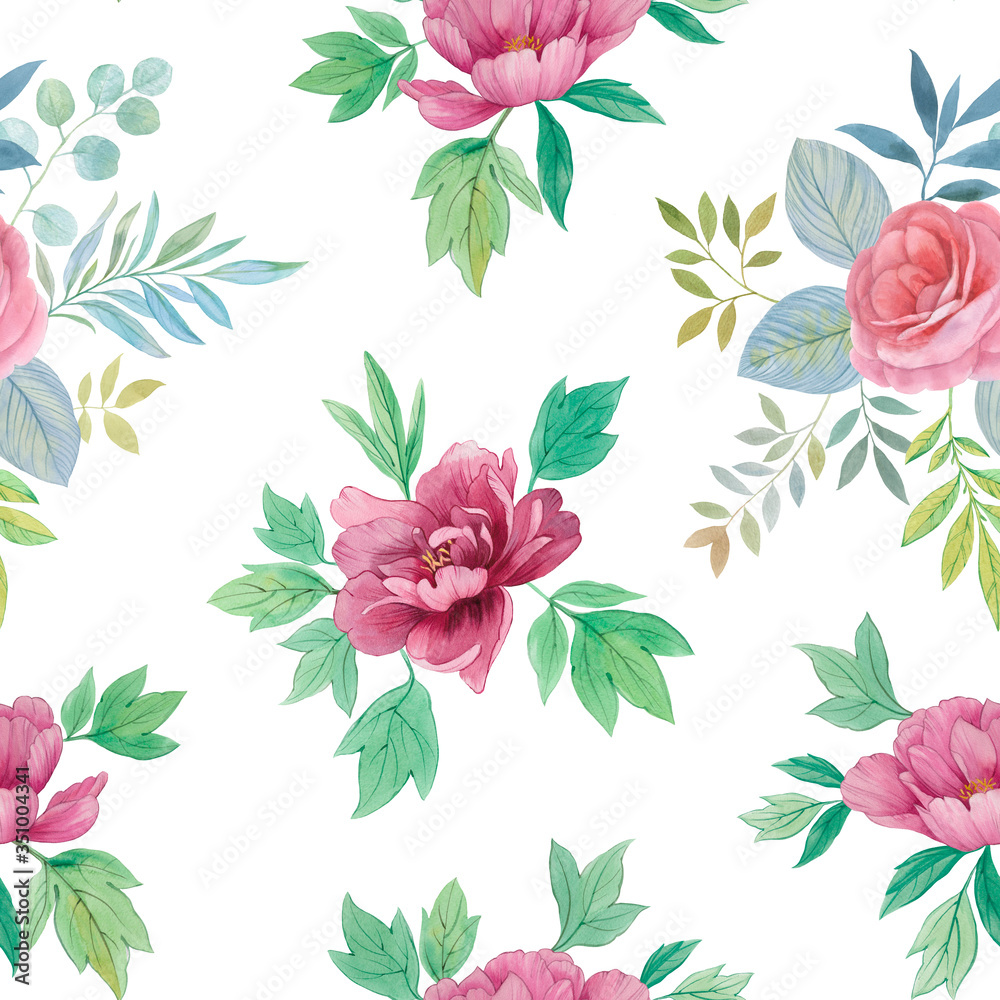 Seamless pattern of flowers and leaves. Watercolor botanical pattern on a white background. For wrapping paper, textile and print. flower bouquet. art illustration for design