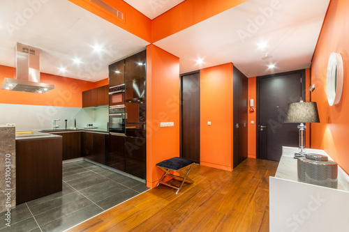 Orange kitchen with a marble counter, equipped with cooker, oven, fridge. Hallway with dresser. photo