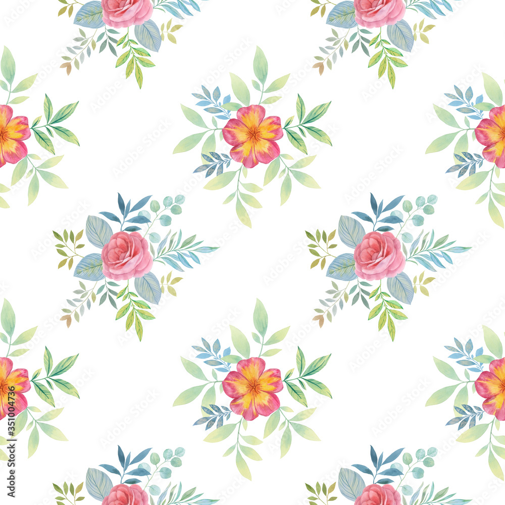 Watercolor botanical pattern on a white background. For wrapping paper, textile and print. flower bouquet. art illustration for design