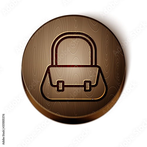 Brown line Handbag icon isolated on white background. Female handbag sign. Glamour casual baggage symbol. Wooden circle button. Vector