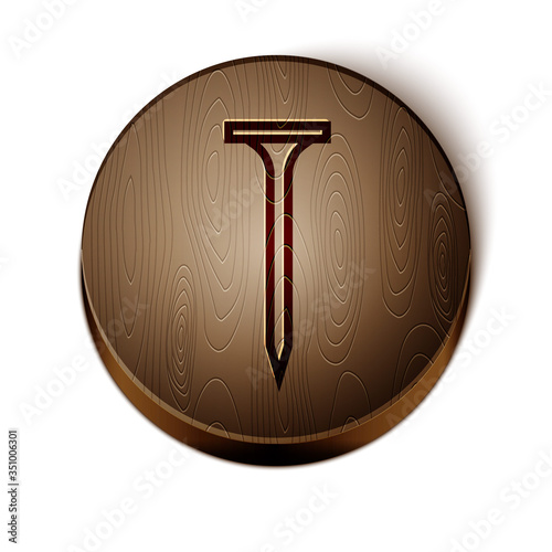 Brown line Metallic nail icon isolated on white background. Wooden circle button. Vector