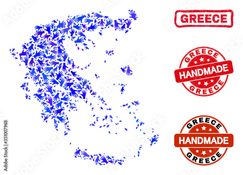 Vector handmade combination of Greece map and grunge stamp seals. Mosaic Greece map is made with random blue hands. Rounded and awry red seals with grunge rubber texture.