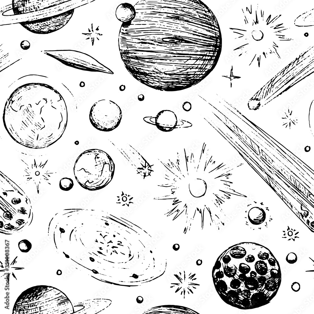 Hand drawn vector seamless pattern. Ink sketch of space objects. Background of comets, planets, star, asteroids. For design print, wrap, fabric, textile, paper, decor. Black contour abstract wallpaper Hand drawn vector seamless pattern. Ink sketch of space objects. Background of comets, planets, star, asteroids. For design print, wrap, fabric, textile, paper, decor. Black contour abstract wallpaper