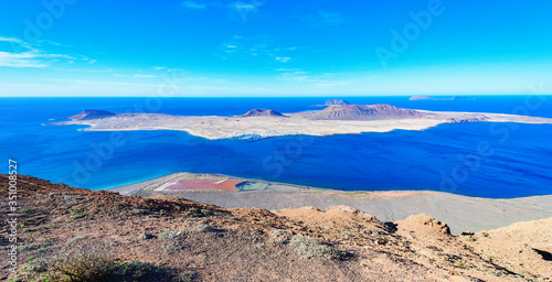 Panoramic view of Mirador Del Rio in Lanzarote  Canary Islands  selective focus