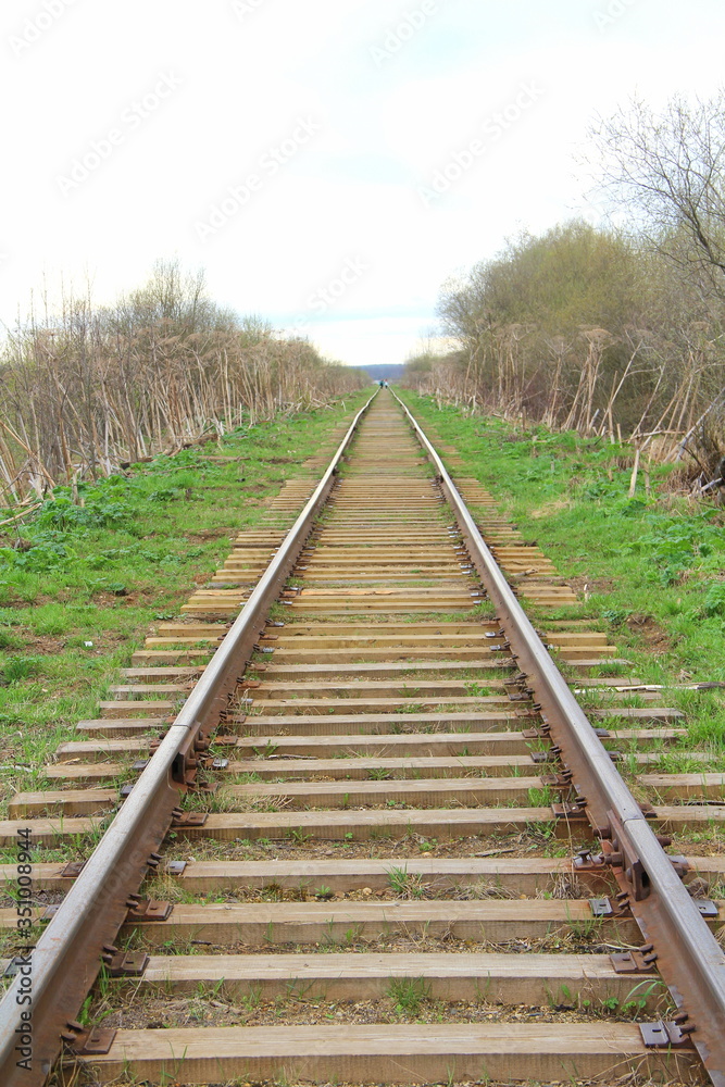 The railway stretching into the distance against the background of young green grass and trees in spring.