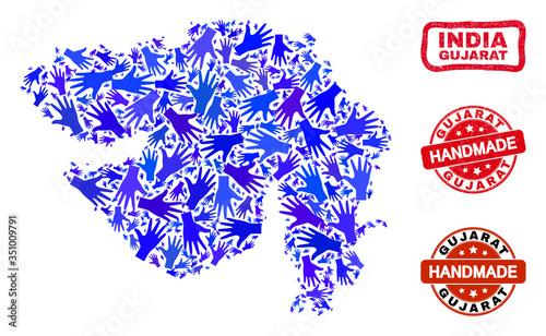 Vector handmade combination of Gujarat State map and rubber watermarks. Mosaic Gujarat State map is created with scattered blue hands. Rounded and awry red seals with grunge rubber texture.
