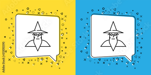 Set line Wizard warlock icon isolated on yellow and blue background. Vector