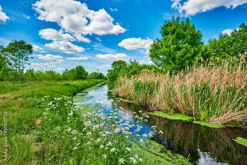 Blue and cloudy sky over a little creek in the surrounding countryside of Berlin, Germany.