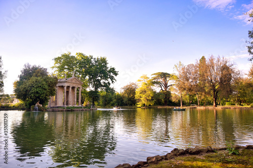 The ruins of Temple of Aesculapius located in the gardens of the Villa Borghese in Rome, Italy.