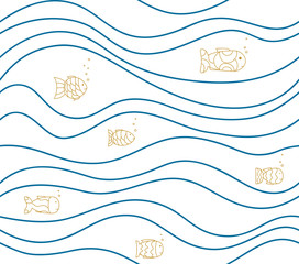 Papier peint photo Vagues de la mer patrons Poissons et vagues dessinés à la main  © Julia