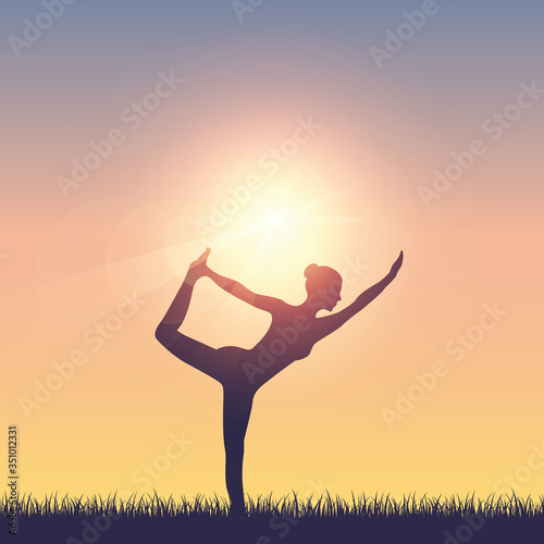 girl makes yoga on summer meadow at sunshine vector illustration EPS10