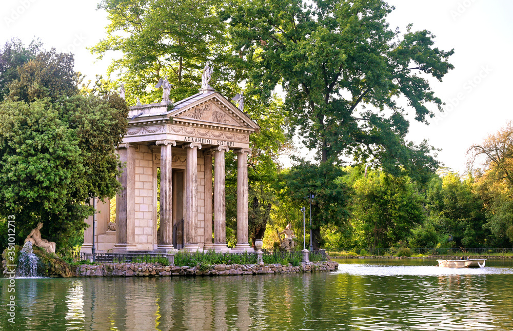 The ruins of Temple of Aesculapius located in the gardens of the Villa Borghese in Rome, Italy.