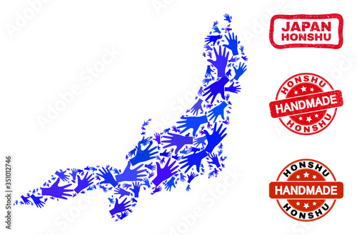 Vector handmade combination of Honshu Island map and grunge stamp seals. Mosaic Honshu Island map is created with random blue hands. Rounded and awry red seals with grunge rubber texture.