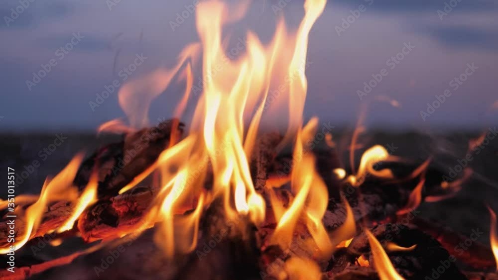 A bonfire burns. Close-up of flames. Summer evening. Slow motion. A bonfire burns. Close-up of flames. Summer evening. Slow motion.