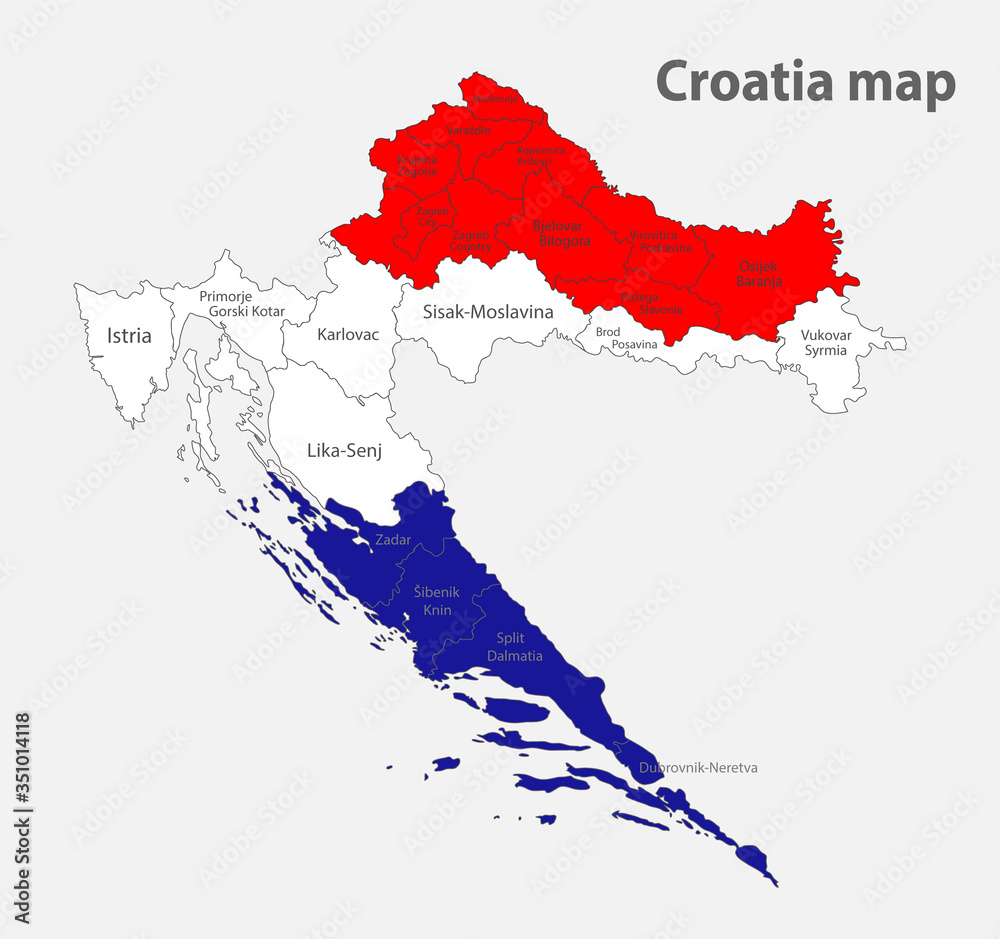 Map of the Croatia in the colors of the flag with administrative divisions vector