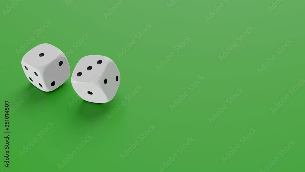 Two dices falling to green table. Gambling and casino concept. 3D rendering footage. Two dices falling to green table. Gambling and casino concept. 3D rendering footage.