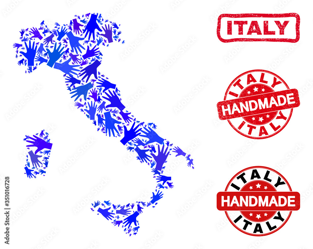 Vector handmade composition of Italy map and grunge stamp seals. Mosaic Italy map is composed of random blue hands. Rounded and rough red seals with unclean rubber texture. Vector handmade composition of Italy map and grunge stamp seals. Mosaic Italy map is composed of random blue hands. Rounded and rough red seals with unclean rubber texture.