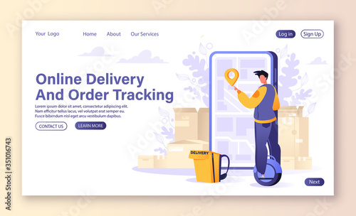 Online delivery service concept for landing page template. Online order tracking, delivery to home and office. Young man courier marks delivery place on map. Vector, flat, cartoon  illustration.