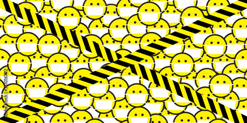 Smile icons in medical masks behind the warning stripe. Crowd behind the border. Quarantine. Quarantine zone. Restricted area. Do not enter. Do not cross. Vector illustration.