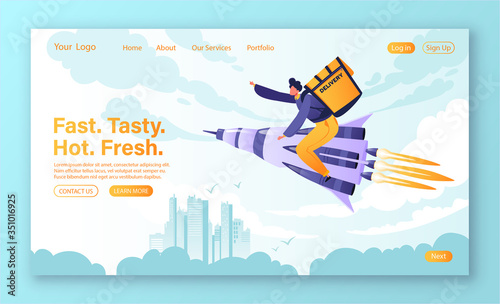 Delivery service concept for landing page. Template for website or web page with young man, courier, in flat cartoon style, flies on rocket with backpack on his back, above city in clouds. 
